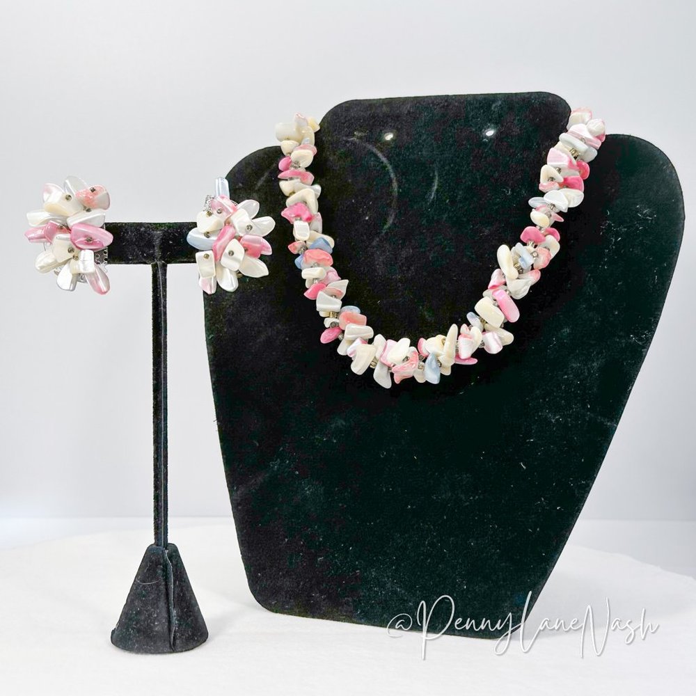 Vintage Multishell Cluster Necklace & Clip On Cluster Earrings